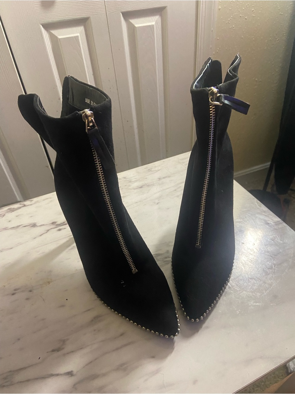 Black Suede Pointed Toe Ankle Boots with Front Zip